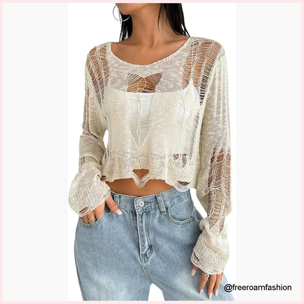 Ripped Crop Sweater Pullover See Through Knit Gothic Grunge Y2K
